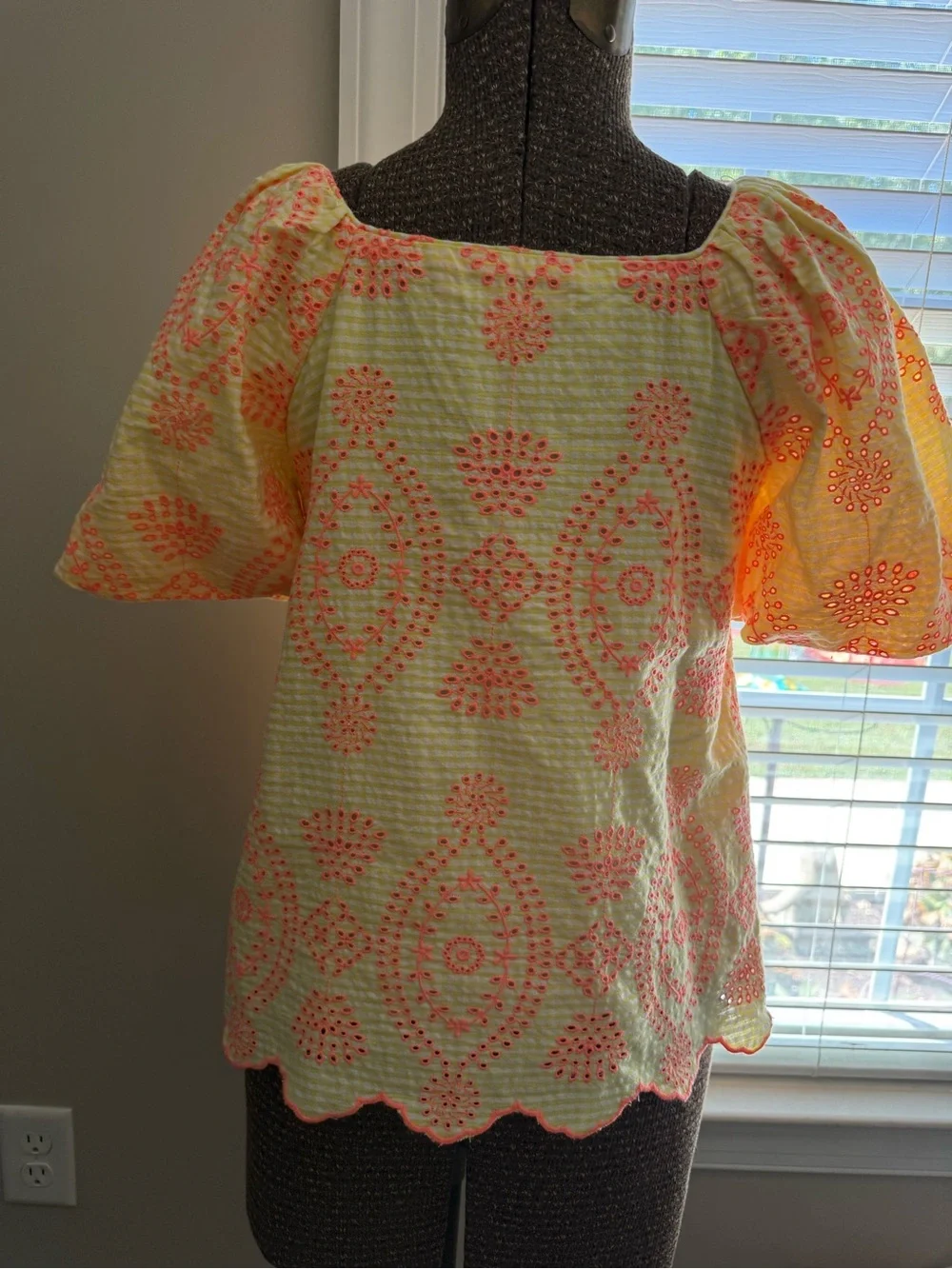 Lilly Pulitzer Yellow Eyelet Puff-Sleeve Top with Coral Embroidery